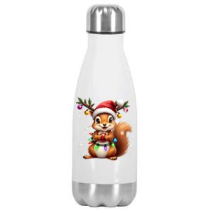 Festive Squirrel Spreading Holiday Cheer With Lights Gift Stainless Steel Insulated Water Bottle