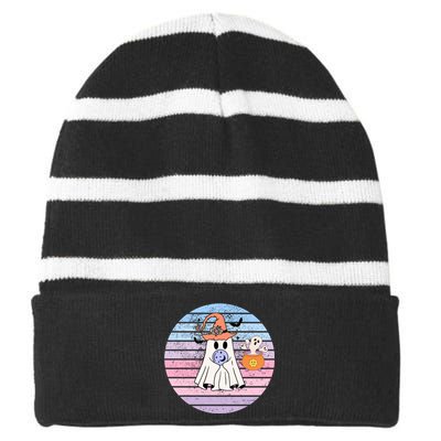 Funny Saying Spooky Season Halloween Ghost Lover Gift Striped Beanie with Solid Band