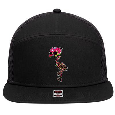 Flamingo Sugar Skull Dia De Los Muertos Mexican Day Of Dead 7 Panel Mesh Trucker Snapback Hat