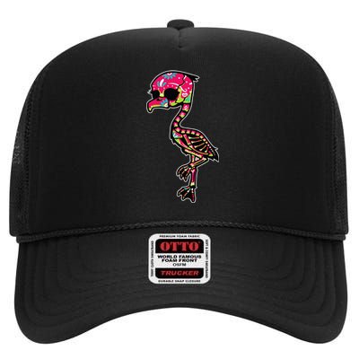 Flamingo Sugar Skull Dia De Los Muertos Mexican Day Of Dead High Crown Mesh Back Trucker Hat