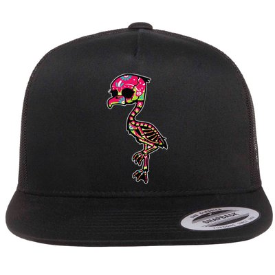 Flamingo Sugar Skull Dia De Los Muertos Mexican Day Of Dead Flat Bill Trucker Hat