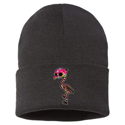 Flamingo Sugar Skull Dia De Los Muertos Mexican Day Of Dead Sustainable Knit Beanie