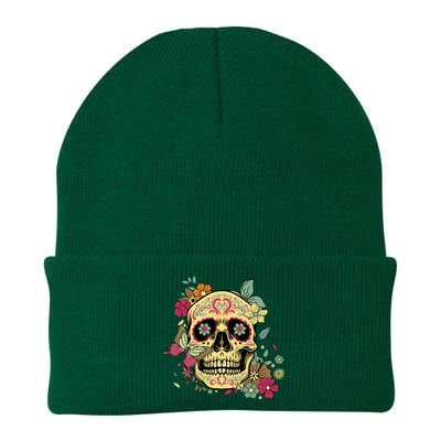 Floral Sugar Skull Dia De Los Muertos Dead Knit Cap Winter Beanie