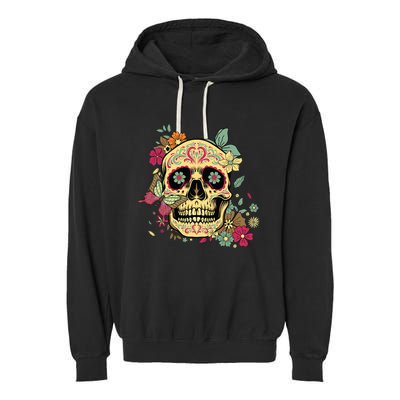 Floral Sugar Skull Dia De Los Muertos Dead Garment-Dyed Fleece Hoodie