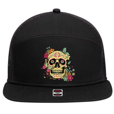 Floral Sugar Skull Dia De Los Muertos Dead 7 Panel Mesh Trucker Snapback Hat