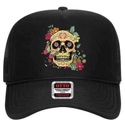 Floral Sugar Skull Dia De Los Muertos Dead High Crown Mesh Back Trucker Hat