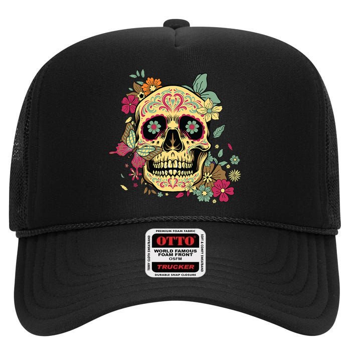 Floral Sugar Skull Dia De Los Muertos Dead High Crown Mesh Back Trucker Hat