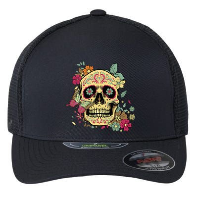 Floral Sugar Skull Dia De Los Muertos Dead Flexfit Unipanel Trucker Cap