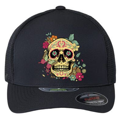 Floral Sugar Skull Dia De Los Muertos Dead Flexfit Unipanel Trucker Cap