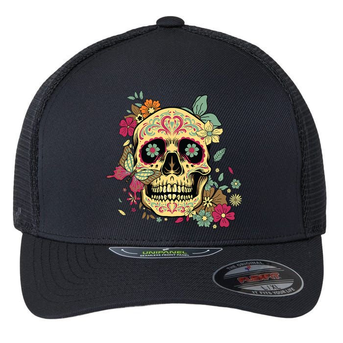 Floral Sugar Skull Dia De Los Muertos Dead Flexfit Unipanel Trucker Cap