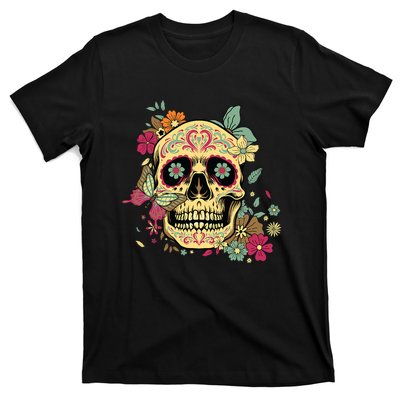 Floral Sugar Skull Dia De Los Muertos Dead T-Shirt