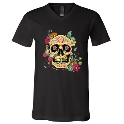 Floral Sugar Skull Dia De Los Muertos Dead V-Neck T-Shirt