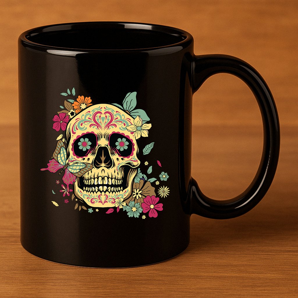 Floral Sugar Skull Dia De Los Muertos Dead 11oz C Handle Ceramic Mug