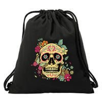 Floral Sugar Skull Dia De Los Muertos Dead Drawstring Bag