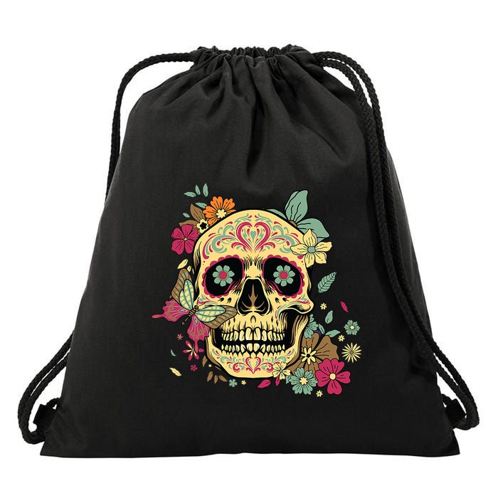 Floral Sugar Skull Dia De Los Muertos Dead Drawstring Bag