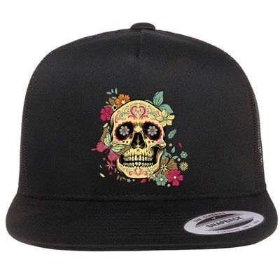 Floral Sugar Skull Dia De Los Muertos Dead Flatbill Hat