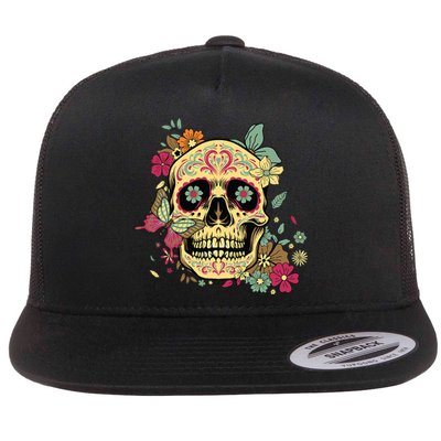 Floral Sugar Skull Dia De Los Muertos Dead Flat Bill Trucker Hat