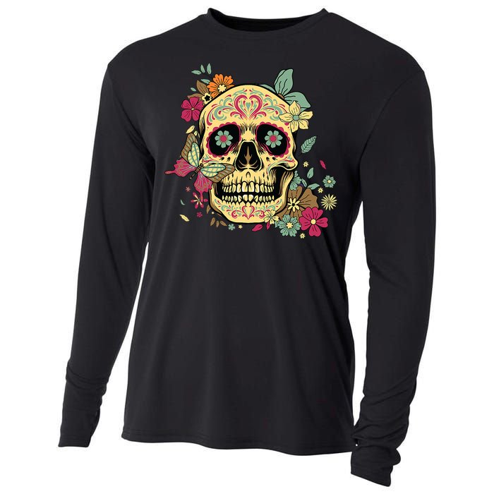 Floral Sugar Skull Dia De Los Muertos Dead Cooling Performance Long Sleeve Crew