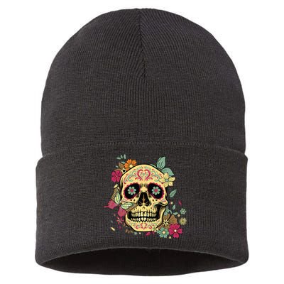 Floral Sugar Skull Dia De Los Muertos Dead Sustainable Knit Beanie