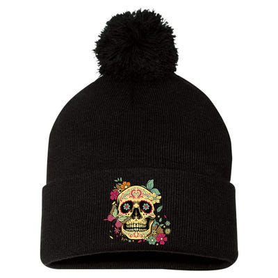 Floral Sugar Skull Dia De Los Muertos Dead Pom Pom 12in Knit Beanie