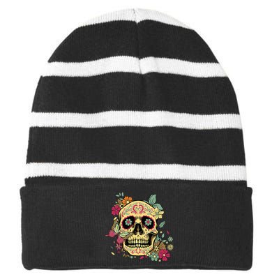 Floral Sugar Skull Dia De Los Muertos Dead Striped Beanie with Solid Band