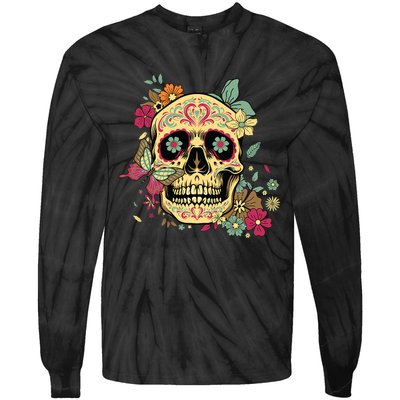 Floral Sugar Skull Dia De Los Muertos Dead Tie-Dye Long Sleeve Shirt