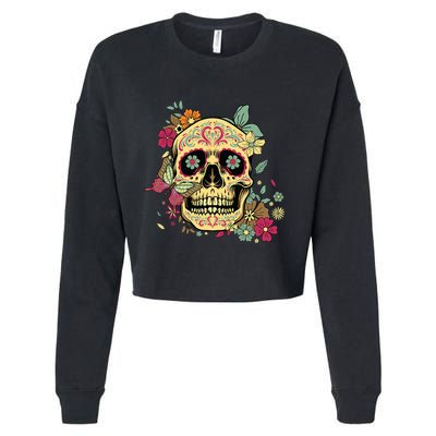 Floral Sugar Skull Dia De Los Muertos Dead Cropped Pullover Crew