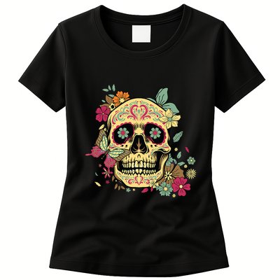 Floral Sugar Skull Dia De Los Muertos Dead Womens T-Shirt