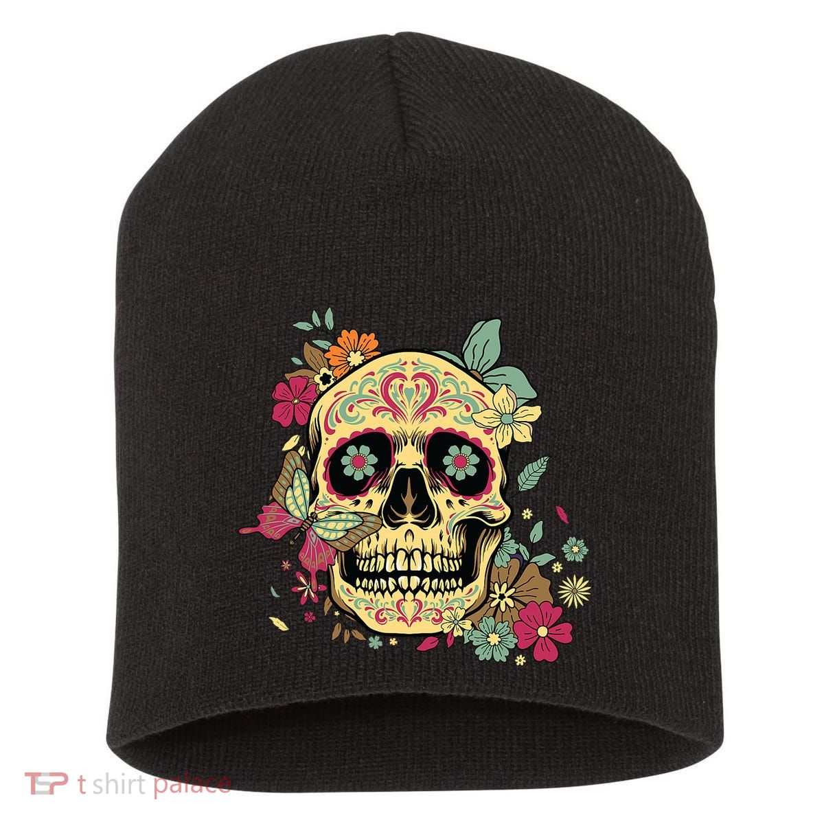 Floral Sugar Skull Dia De Los Muertos Dead Short Acrylic Beanie