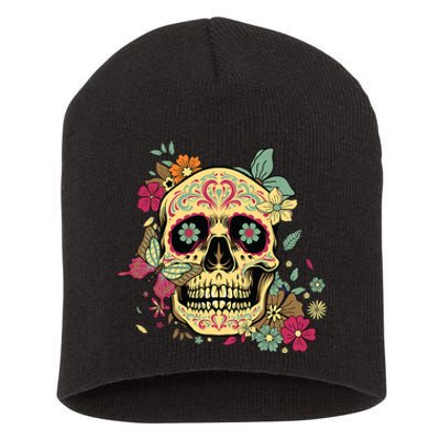 Floral Sugar Skull Dia De Los Muertos Dead Short Acrylic Beanie