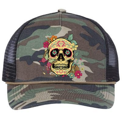 Floral Sugar Skull Dia De Los Muertos Dead Retro Rope Trucker Hat Cap