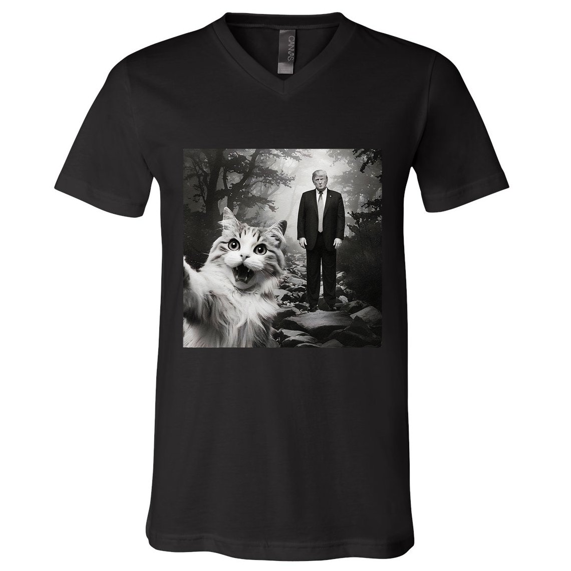 Funny Surprised Scared Cat Selfie With D.Trump V-Neck T-Shirt