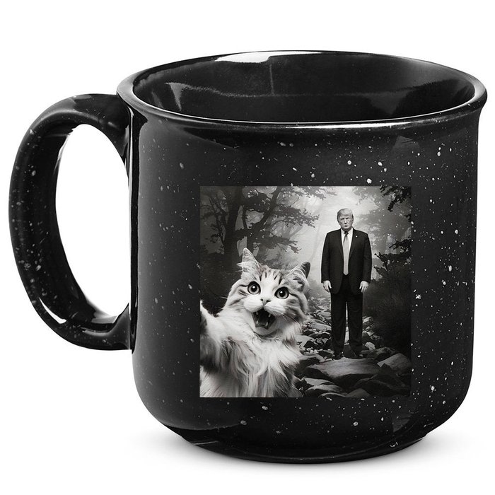 Funny Surprised Scared Cat Selfie With D.Trump 15oz Campfire Ceramic Mug