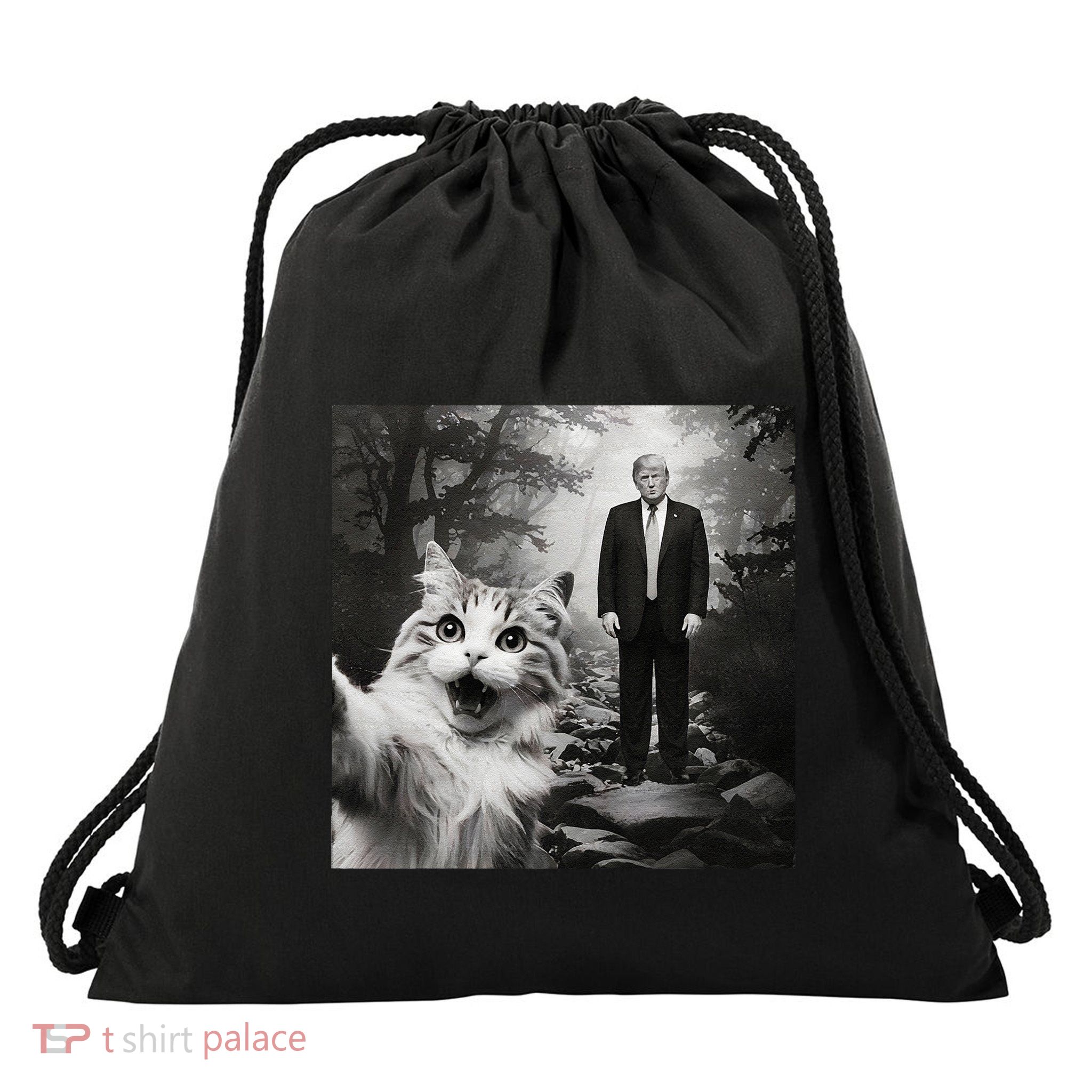 Funny Surprised Scared Cat Selfie With D.Trump Drawstring Bag