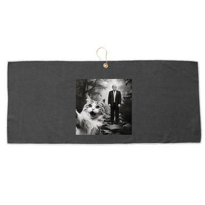 Funny Surprised Scared Cat Selfie With D.Trump Large Microfiber Waffle Golf Towel