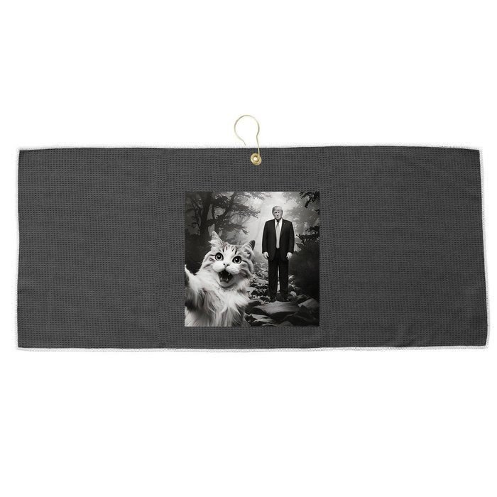 Funny Surprised Scared Cat Selfie With D.Trump Large Microfiber Waffle Golf Towel