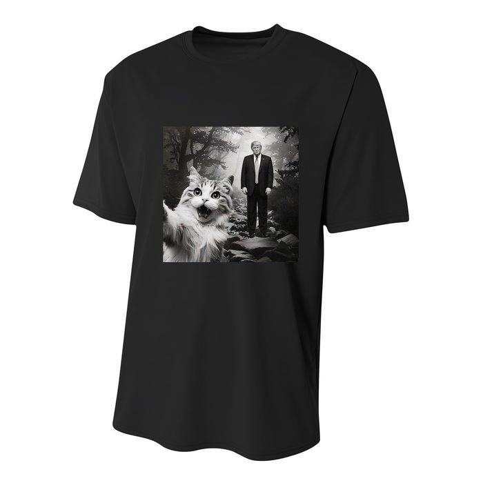 Funny Surprised Scared Cat Selfie With D.Trump Youth Performance Sprint T-Shirt