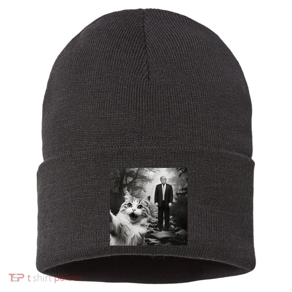 Funny Surprised Scared Cat Selfie With D.Trump Sustainable Knit Beanie