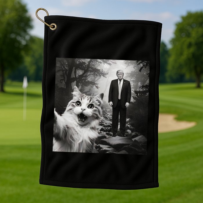 Funny Surprised Scared Cat Selfie With D.Trump Golf Towel
