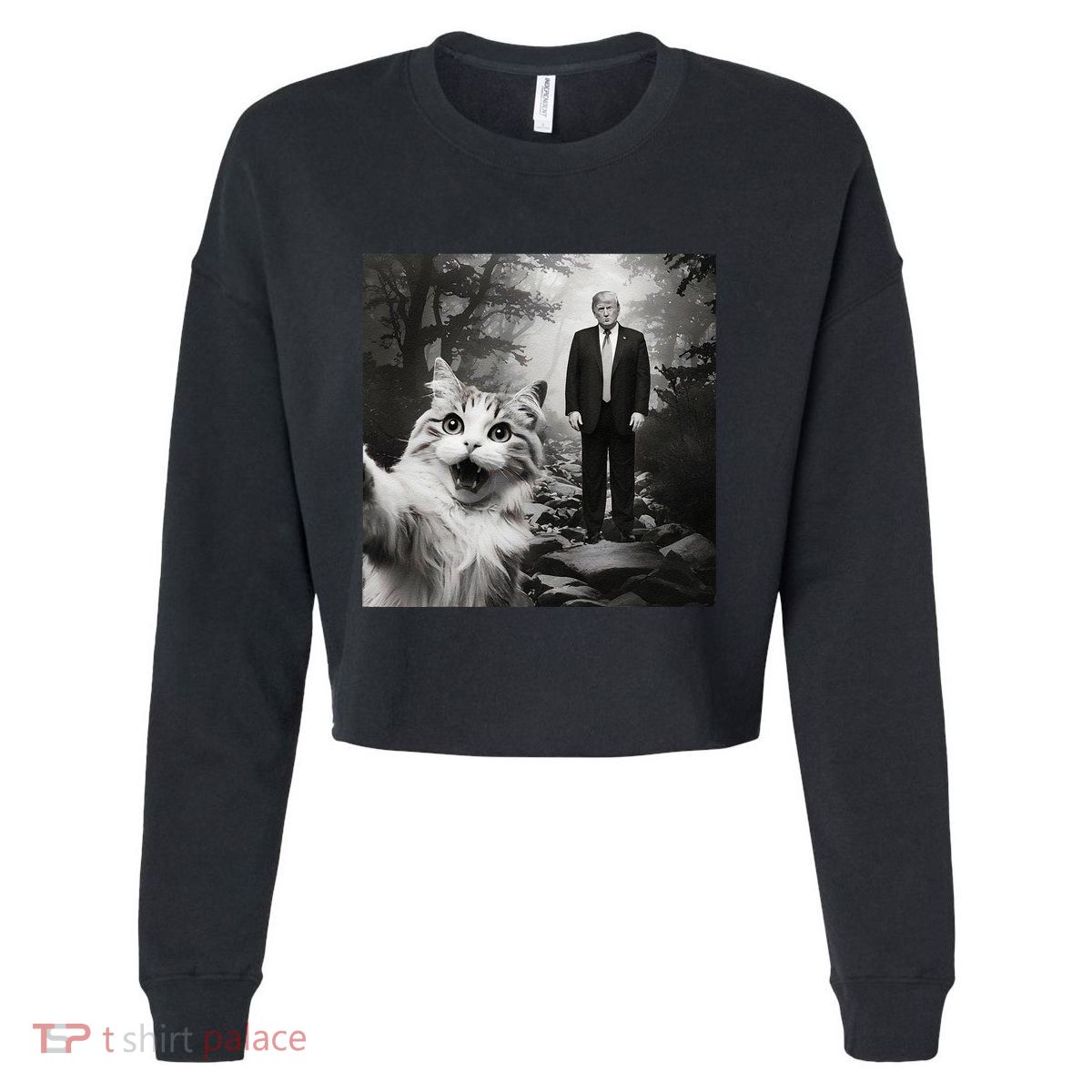 Funny Surprised Scared Cat Selfie With D.Trump Cropped Pullover Crew