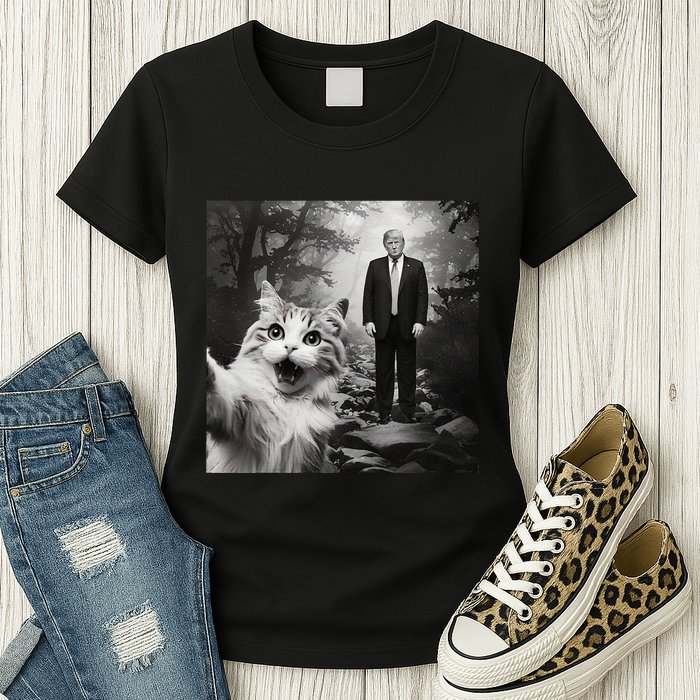 Funny Surprised Scared Cat Selfie With D.Trump Womens T-Shirt