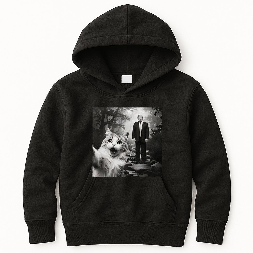 Funny Surprised Scared Cat Selfie With D.Trump Kids Hoodie
