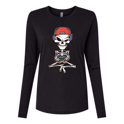 Funny Skeleton Skull Video Gamer Halloween Outfit Womens Cotton Relaxed Long Sleeve T-Shirt