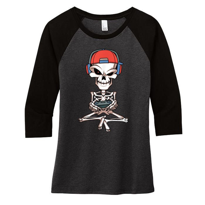 Funny Skeleton Skull Video Gamer Halloween Outfit Women's Tri-Blend 3/4-Sleeve Raglan Shirt