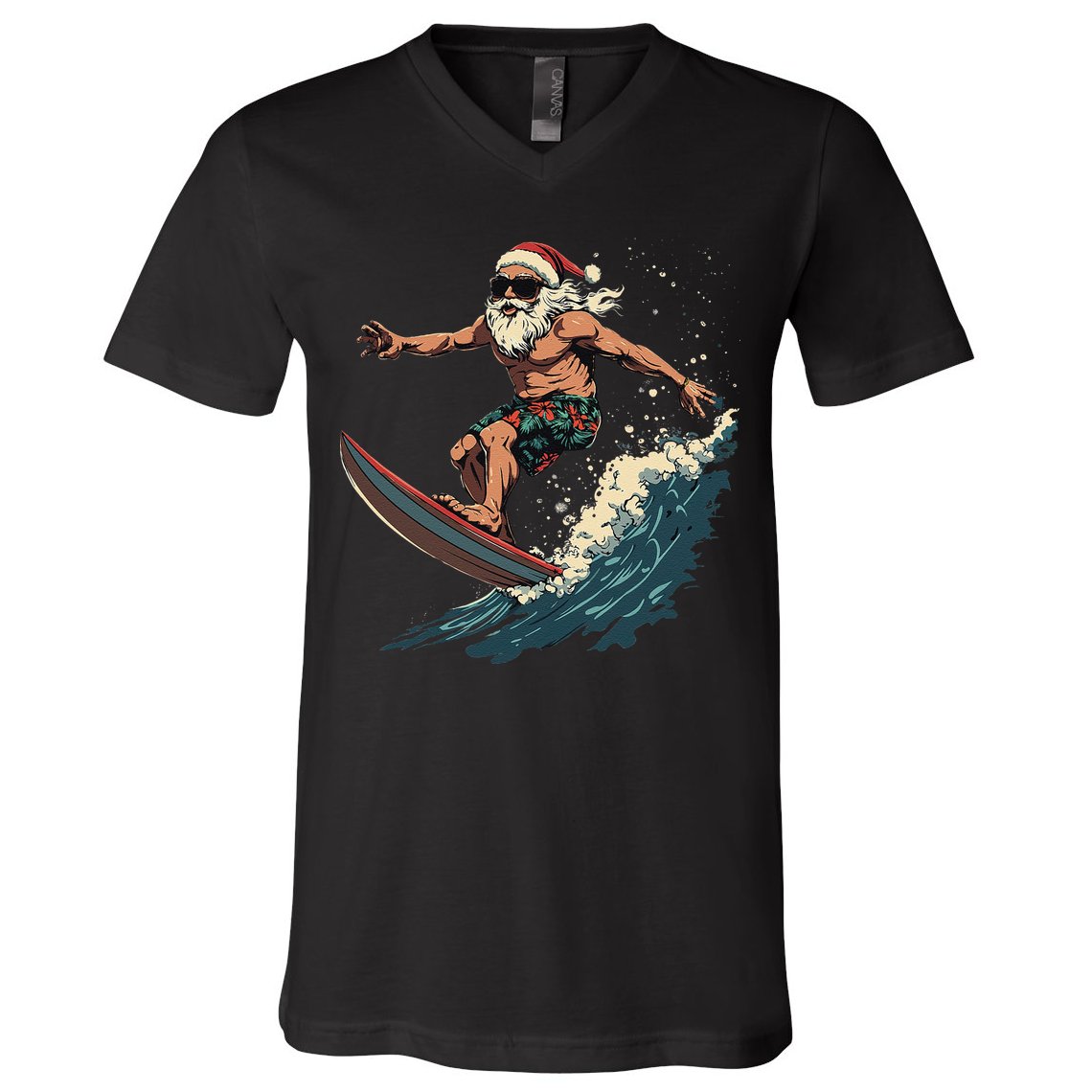 Fun Surfing Santa Christmas Santa Catching Waves Surf Lover V-Neck T-Shirt