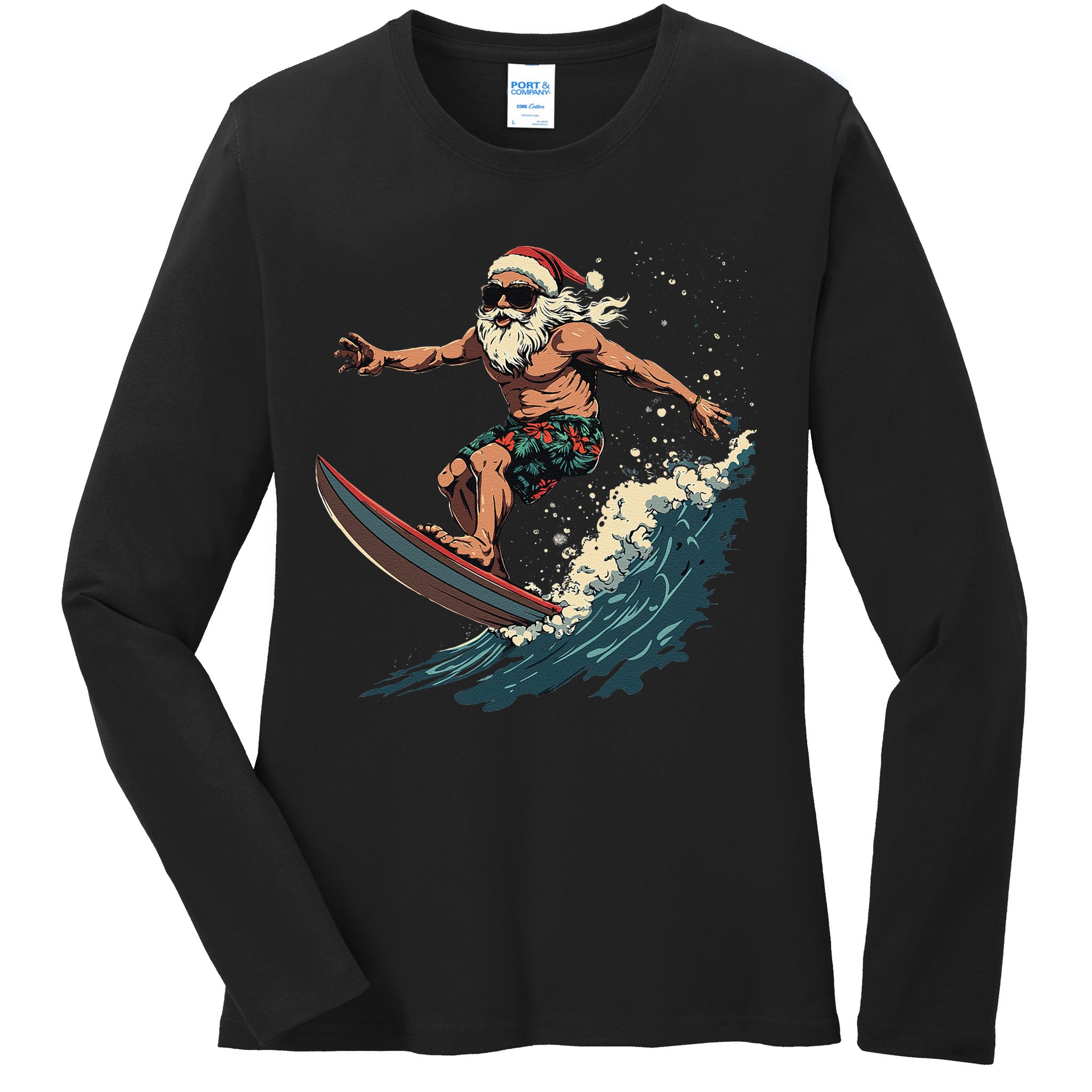 Fun Surfing Santa Christmas Santa Catching Waves Surf Lover Ladies Long Sleeve Shirt