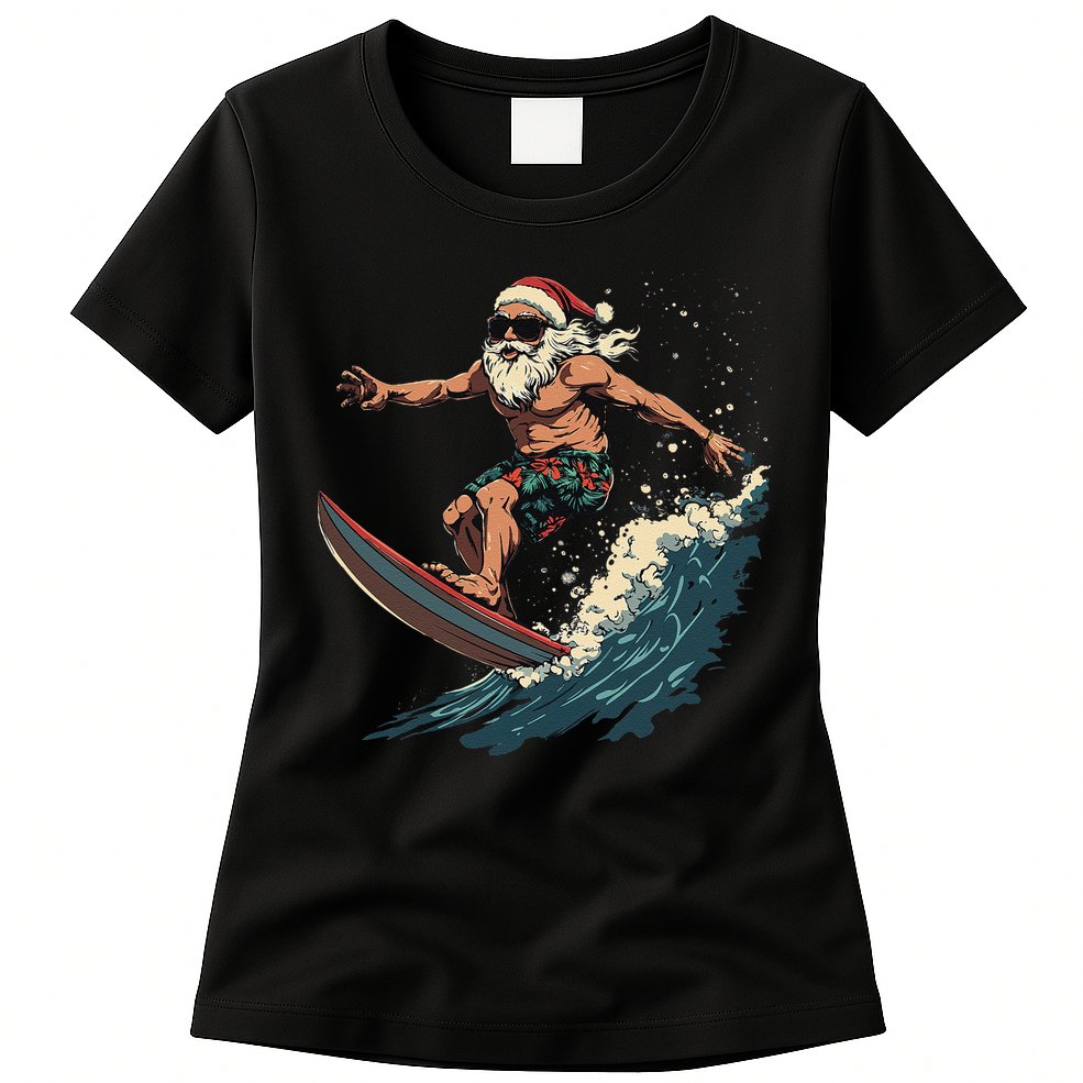 Fun Surfing Santa Christmas Santa Catching Waves Surf Lover Womens T-Shirt