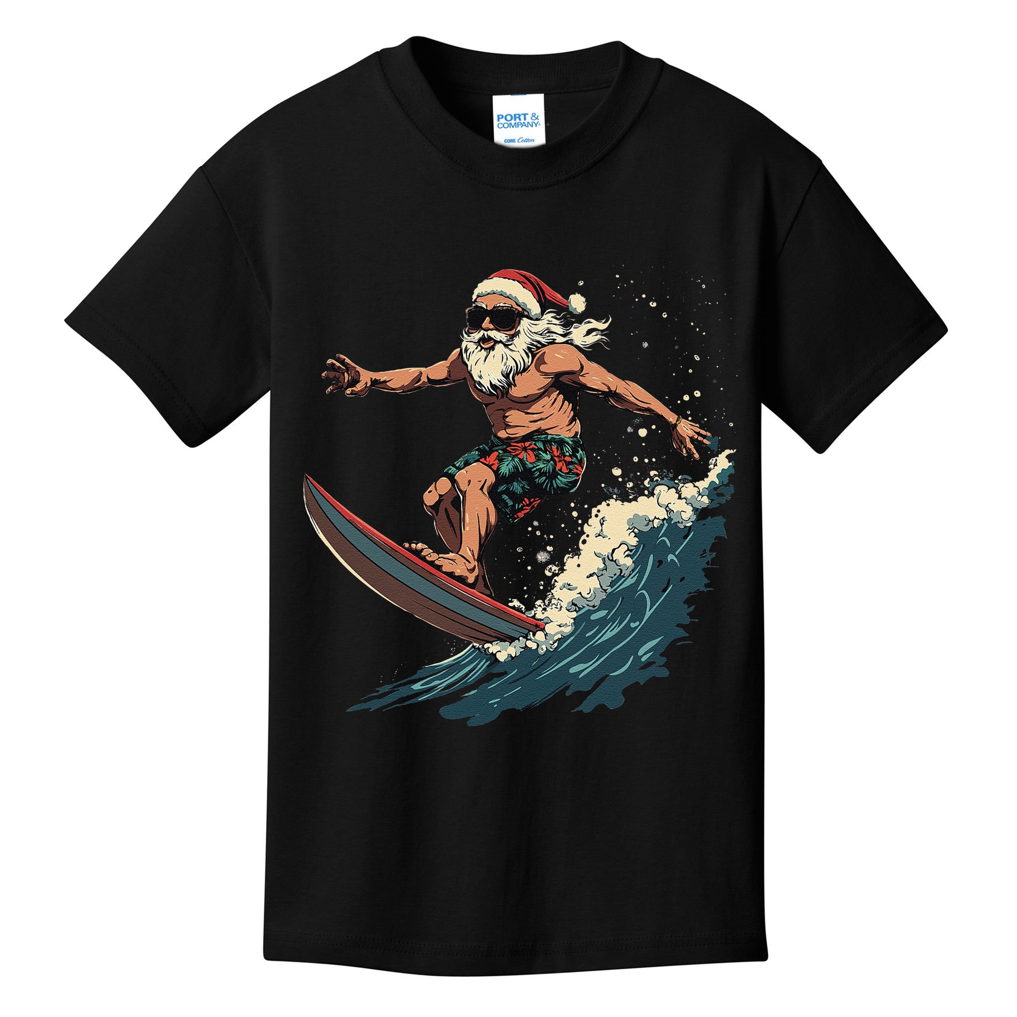 Fun Surfing Santa Christmas Santa Catching Waves Surf Lover Kids T-Shirt
