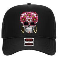 Floral Sugar Skeleton Cool Graphic Skull High Crown Mesh Back Trucker Hat