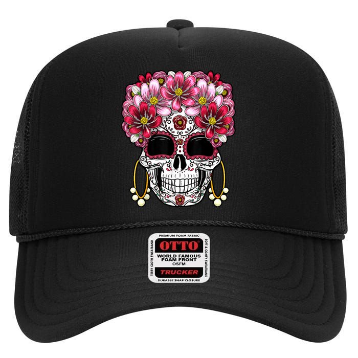 Floral Sugar Skeleton Cool Graphic Skull High Crown Mesh Back Trucker Hat